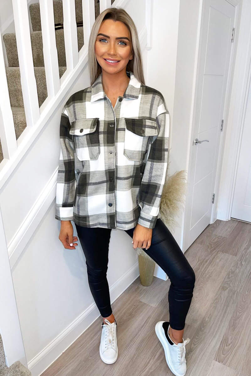 Khaki Double Pocket Checked Shirt Jacket - Swimclubus