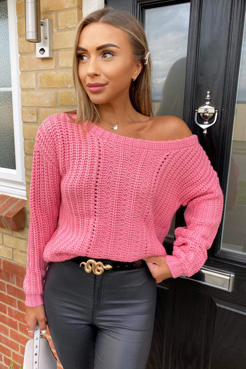 Pink Off The Shoulder Chunky Knit Jumper - Swimclubus