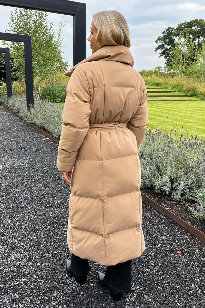 Biscuit Tie Waist Quilted Longline Puffer Coat - Swimclubus