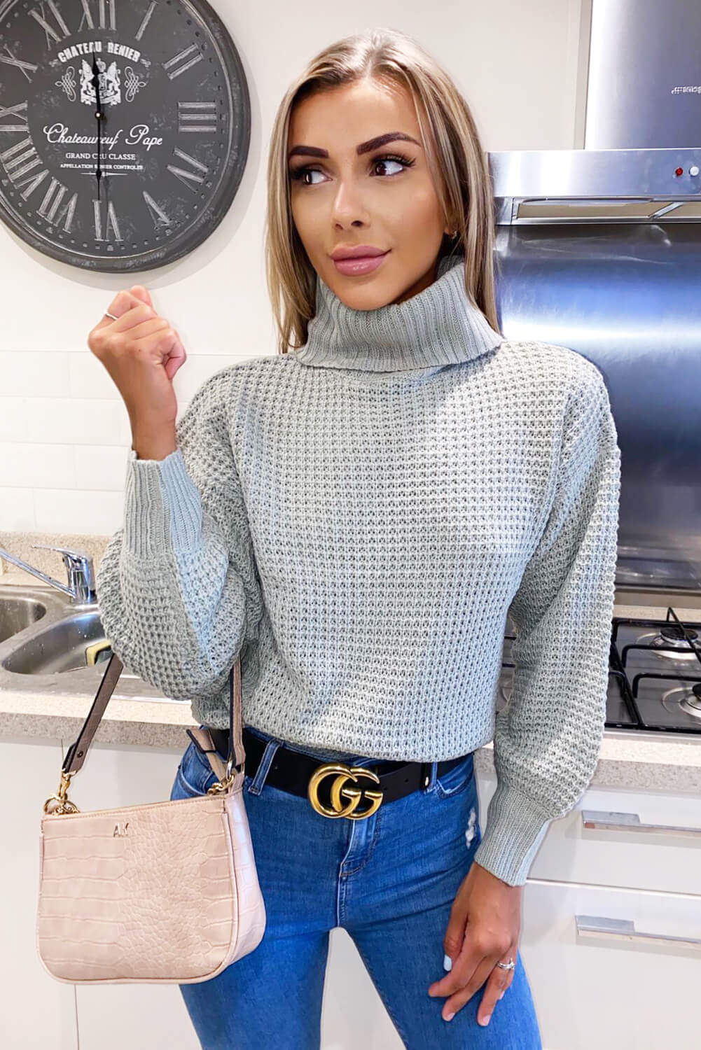 Sage Waffle Stitch Roll Neck Jumper - Swimclubus