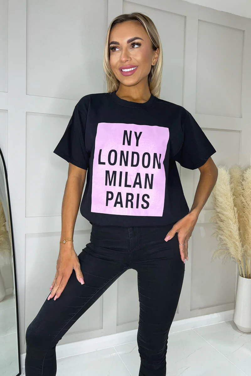Black NY London Milan Paris Slogan T-Shirt - Swimclubus
