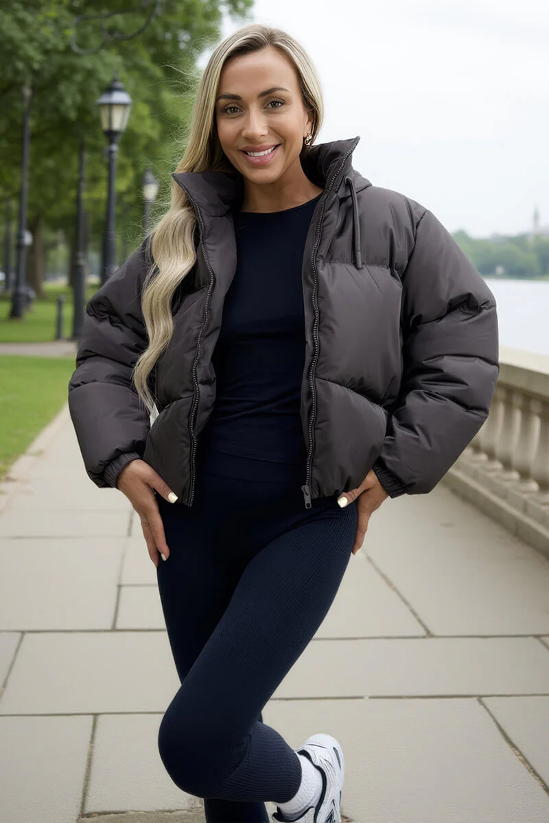 Chocolate Drawstring Hood Short Puffer Coat - Swimclubus