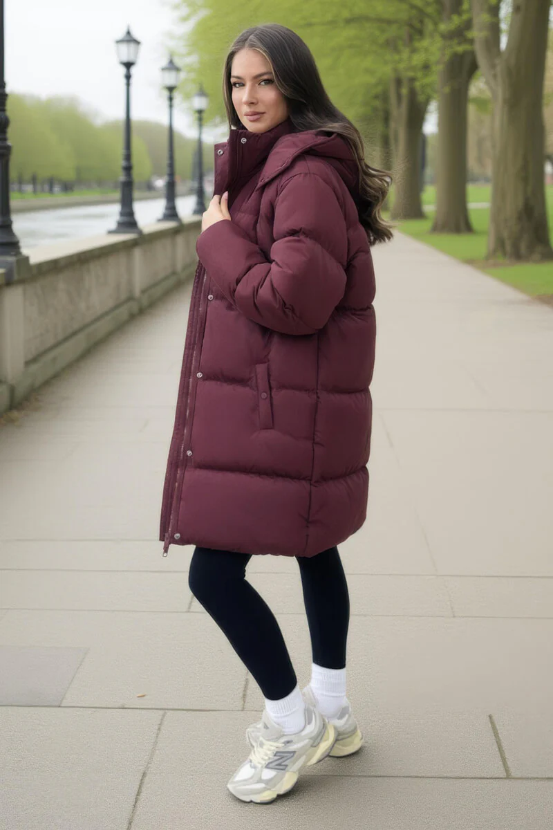 Burgundy Hooded Longline Puffer Coat - Swimclubus
