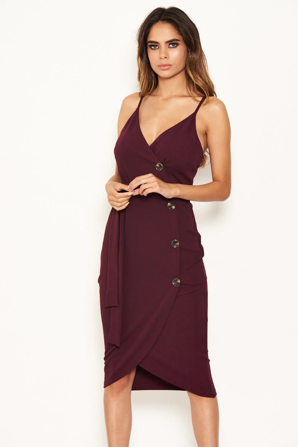 Plum Button Front Detail Bodycon Midi Dress - Swimclubus