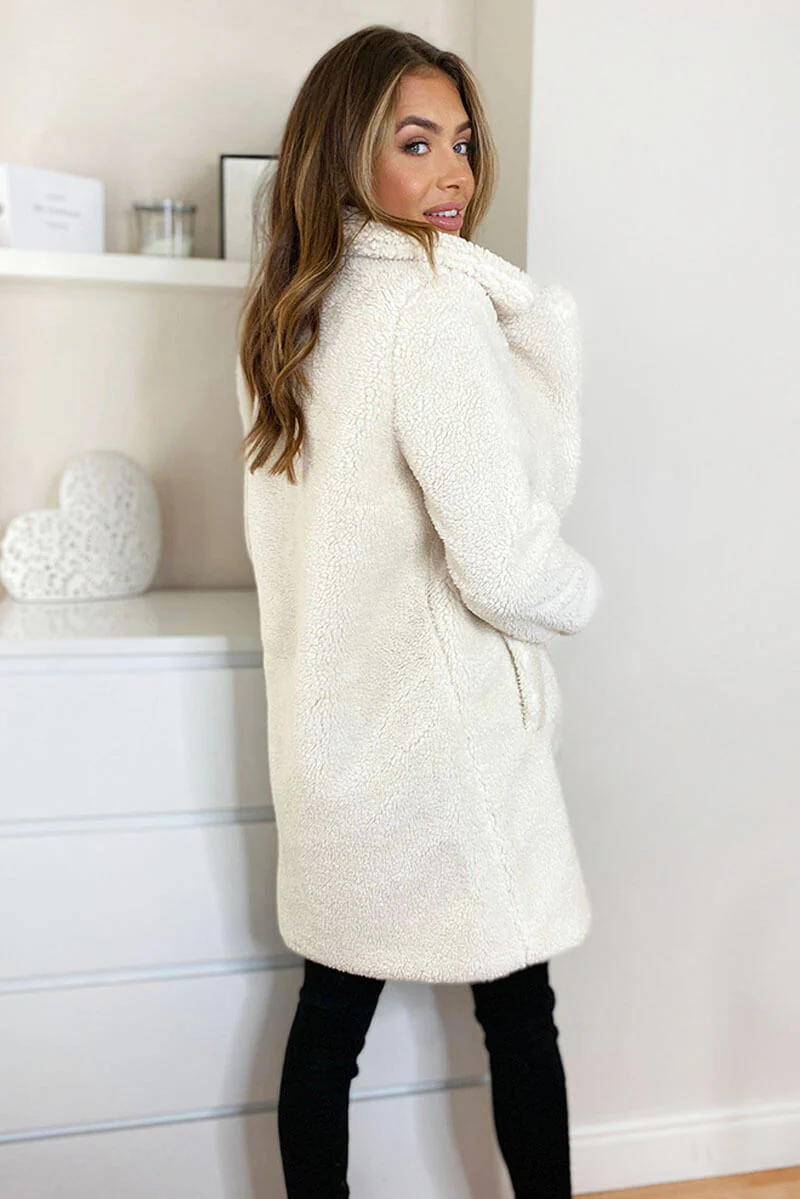 Cream Teddy Faux Fur Coat With Collar - Swimclubus