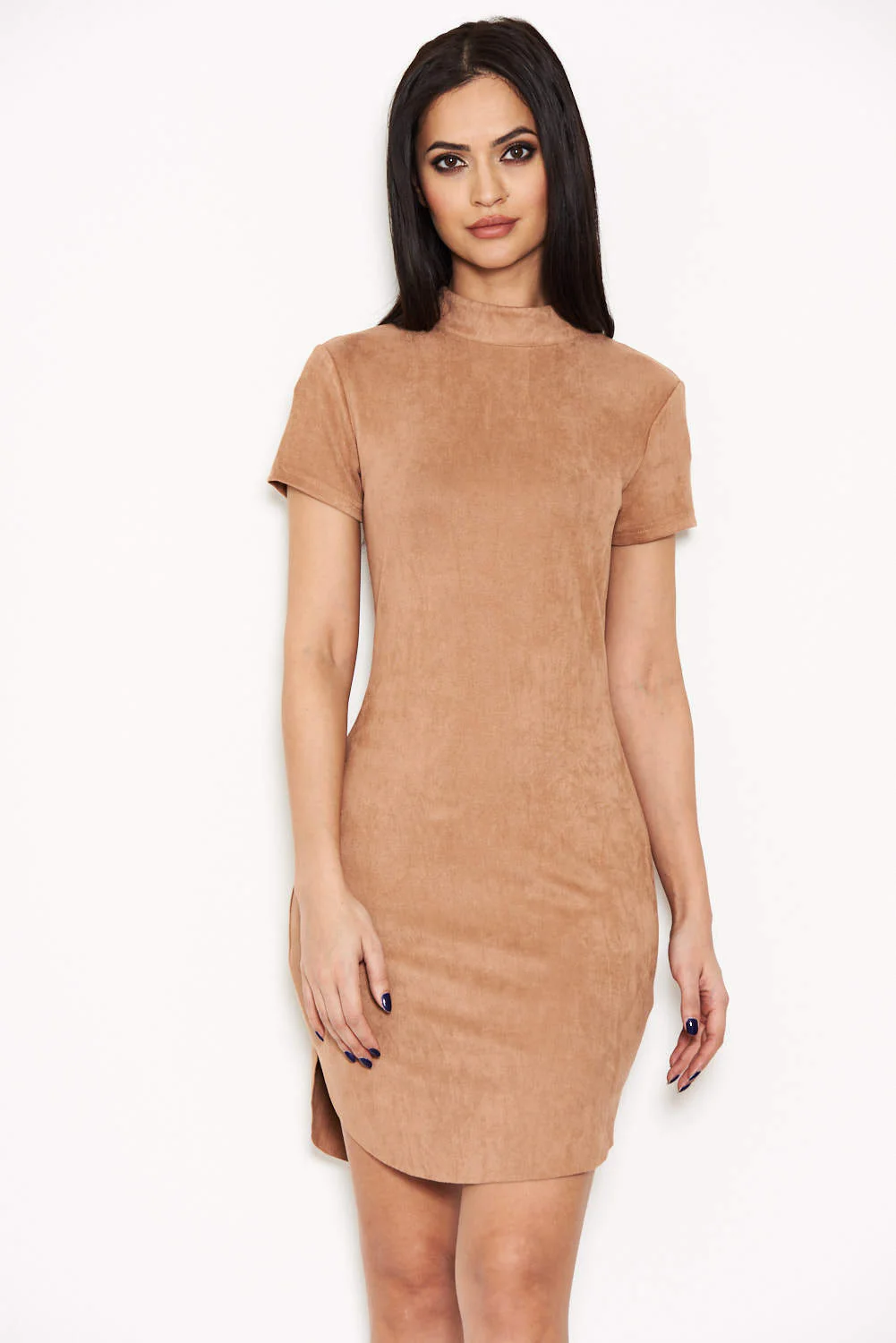 Mink Faux Suede Mini Dress with High Neck - Swimclubus