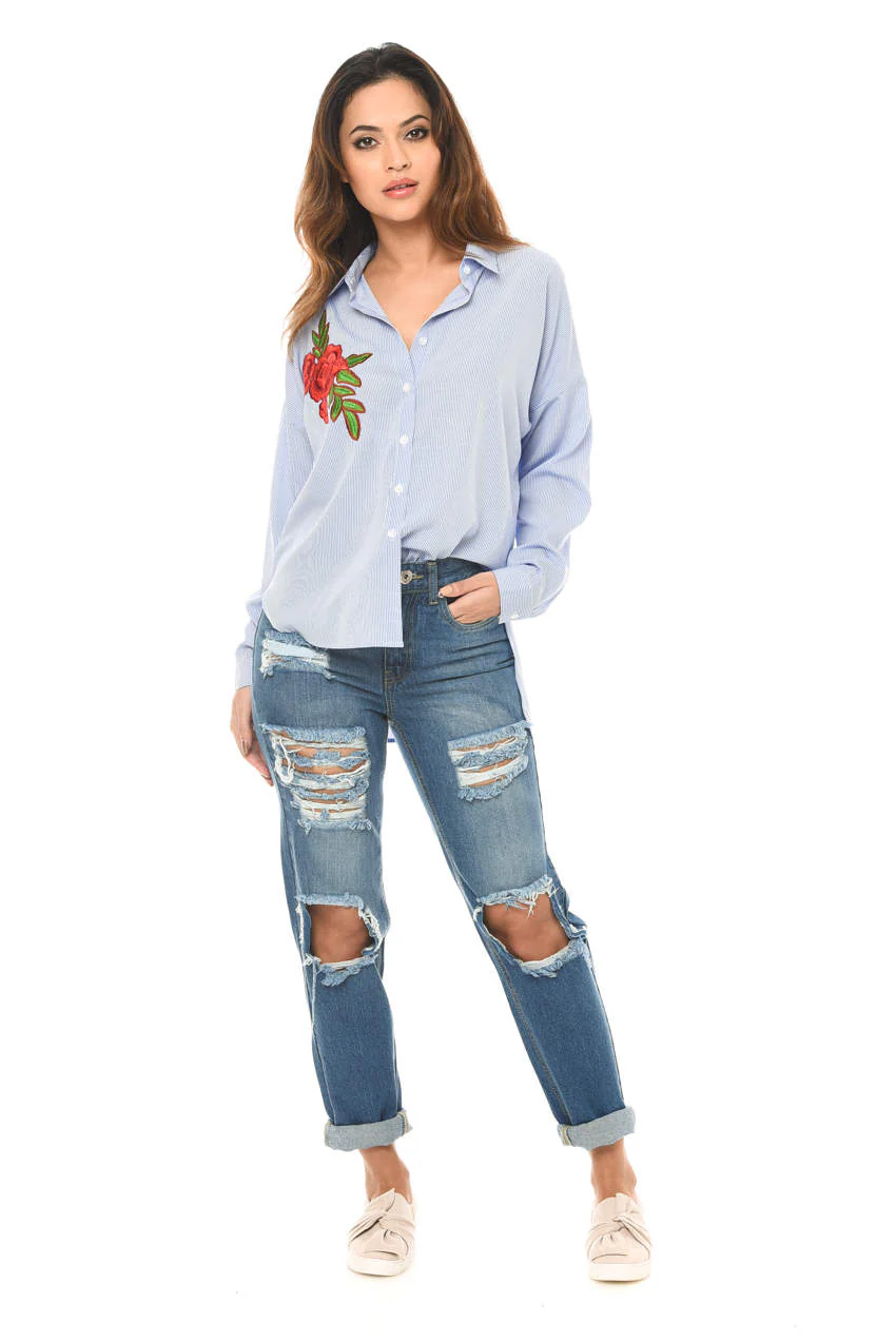 Stripey Rose Embroidered Shirt - Swimclubus