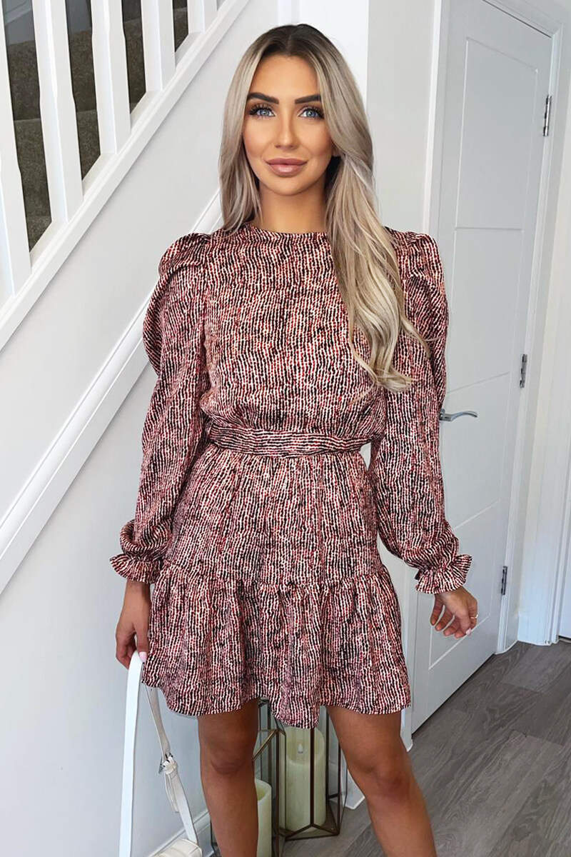 Red Printed Long Sleeve Skater Dress - Swimclubus