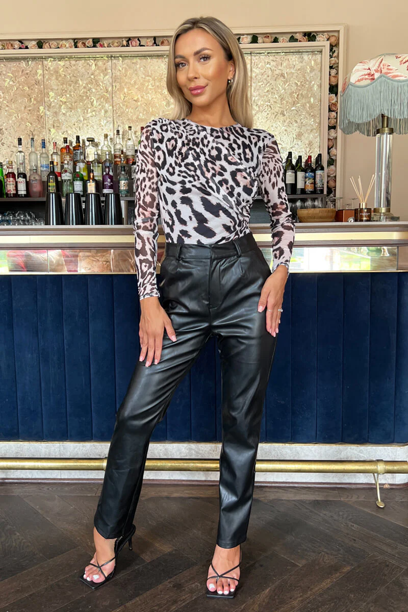 Cream Leopard Print Long Sleeve Draped Mesh Bodysuit - Swimclubus