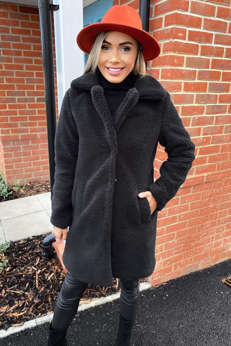Black Teddy Faux Fur Coat With Collar - Swimclubus