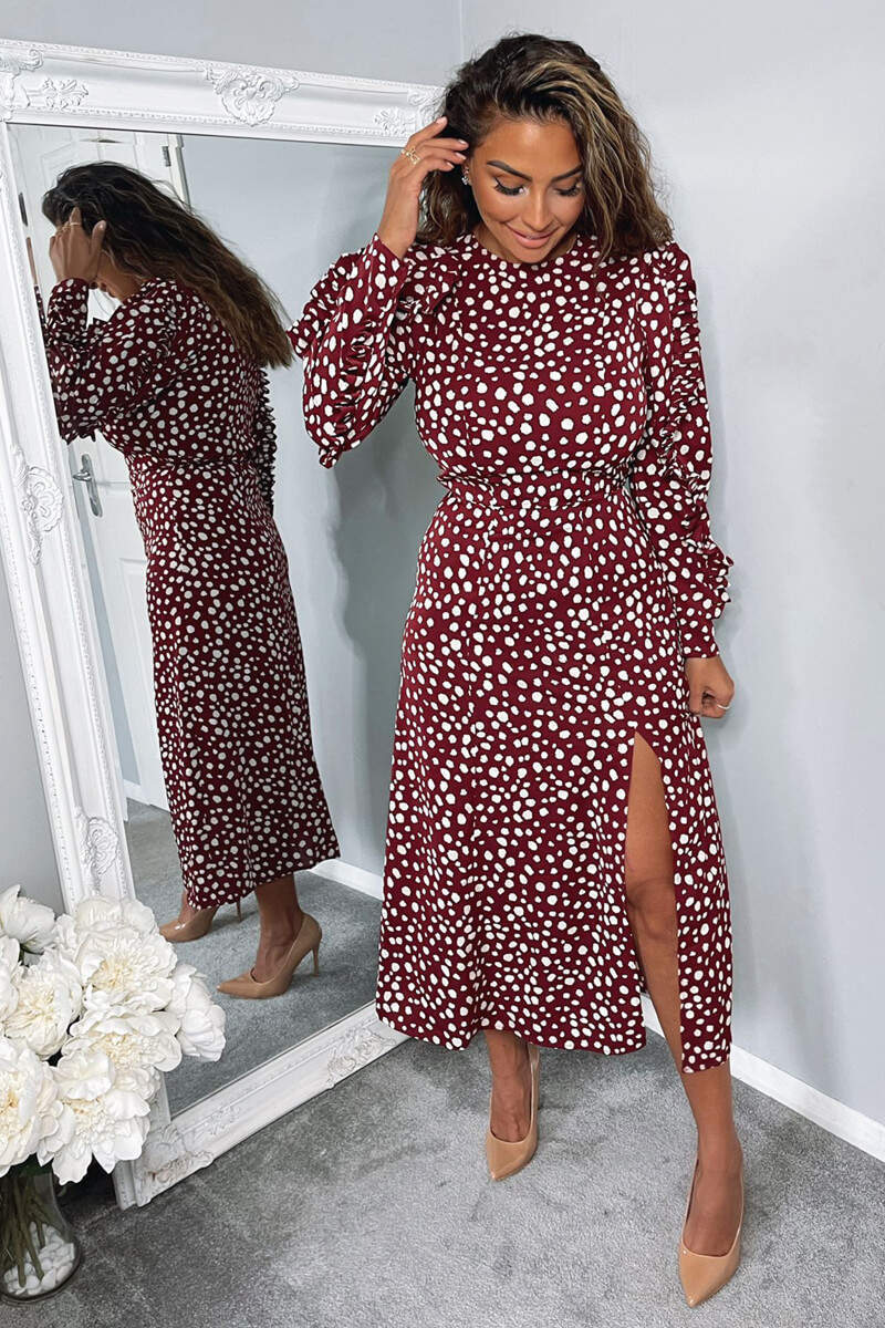 Plum Printed Pleated Sleeve Midi Dress - Swimclubus