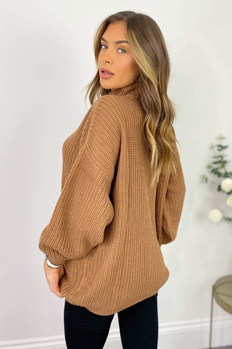 Tan High Neck Knitted Jumper - Swimclubus