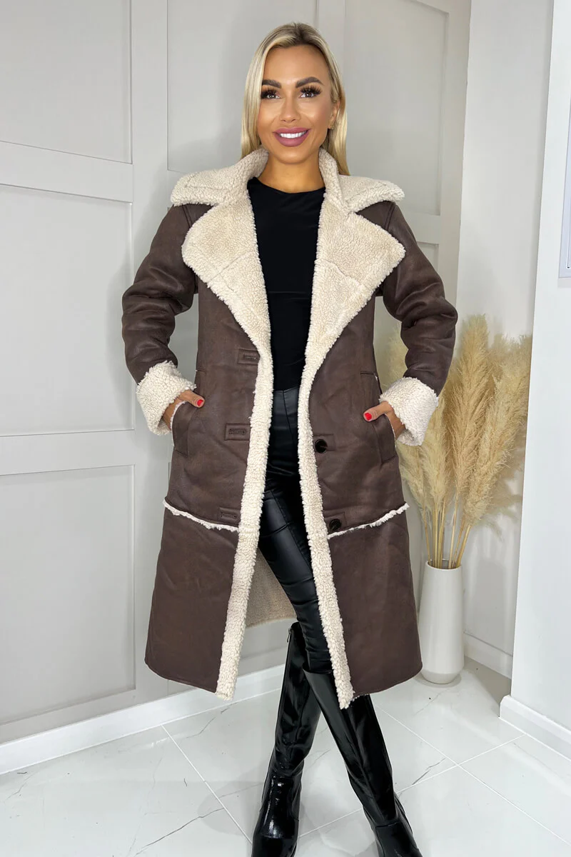 Brown Longline Faux Shearling Coat - Swimclubus
