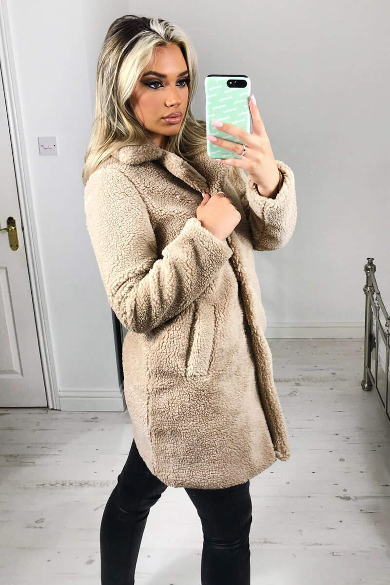 Oatmeal Teddy Faux Fur Coat With Collar - Swimclubus