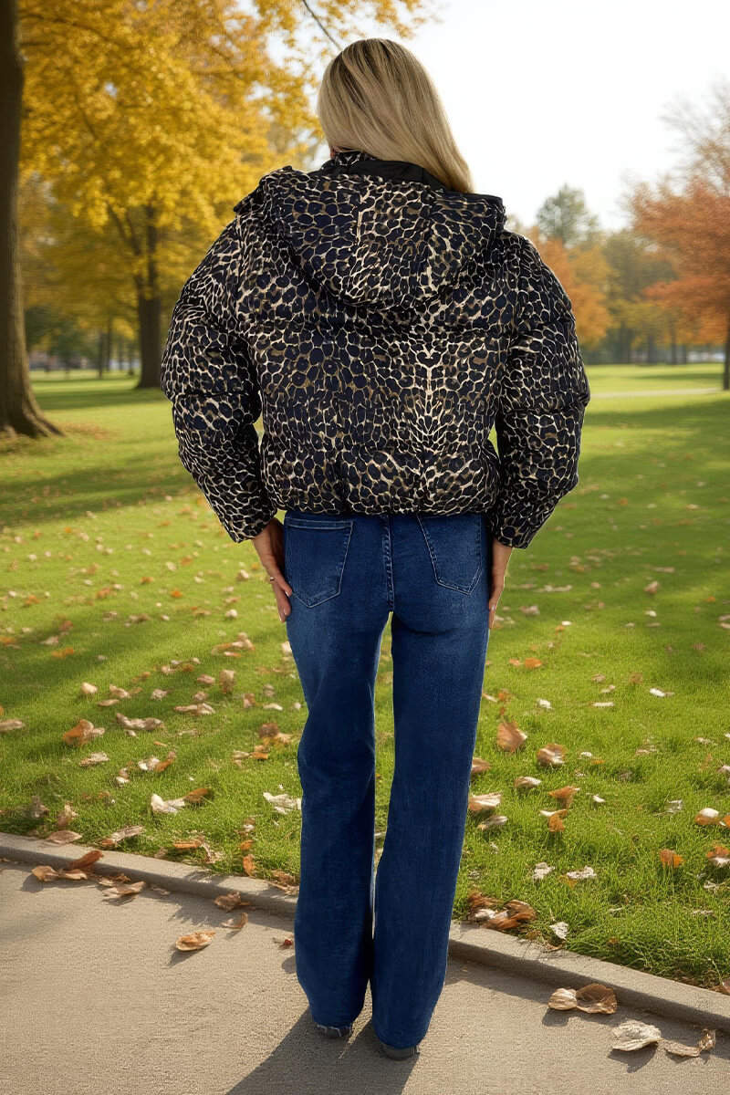 Leopard Print Hooded Short Puffer Coat - Swimclubus
