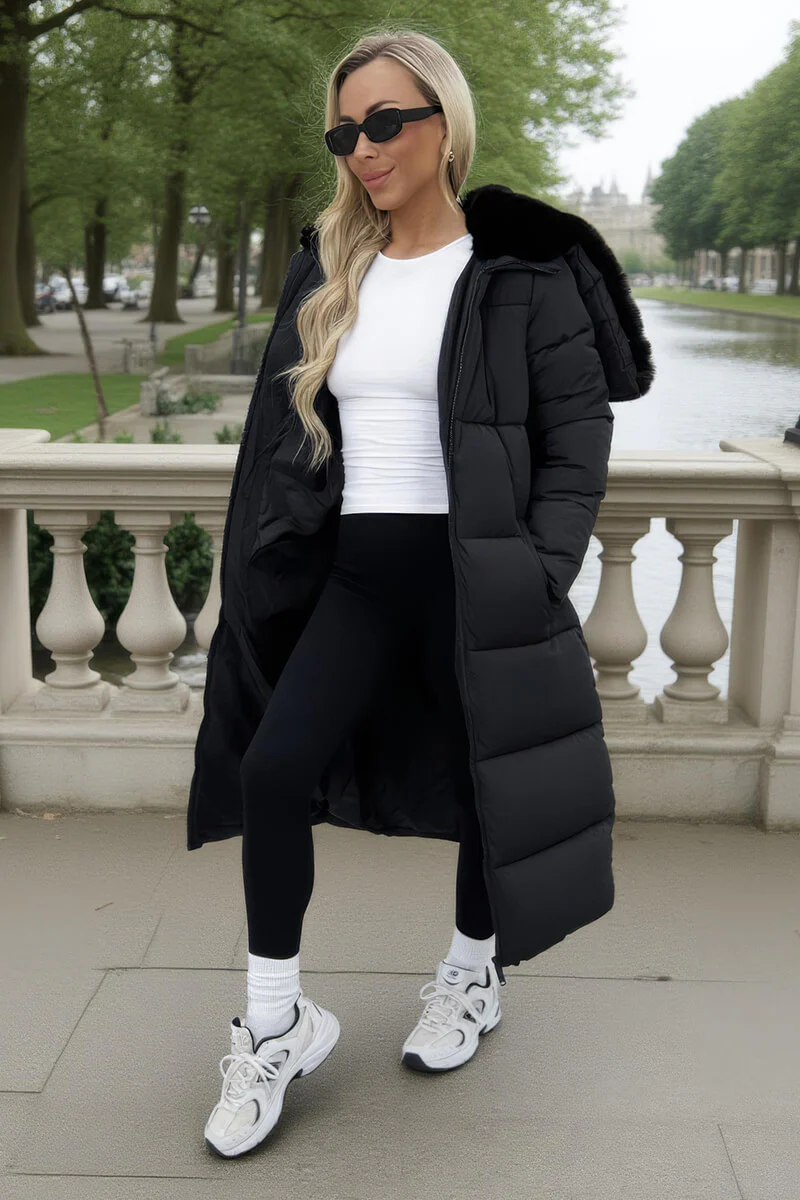 Black Split Hood Longline Puffer Coat - Swimclubus