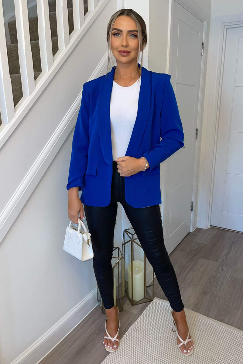 Blue Ruched Detail Sleeve Blazer - Swimclubus
