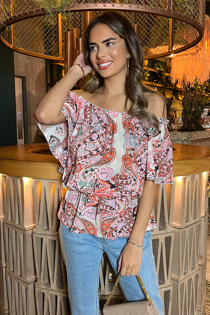 Multi Pink Tone Print Bardot Top - Swimclubus