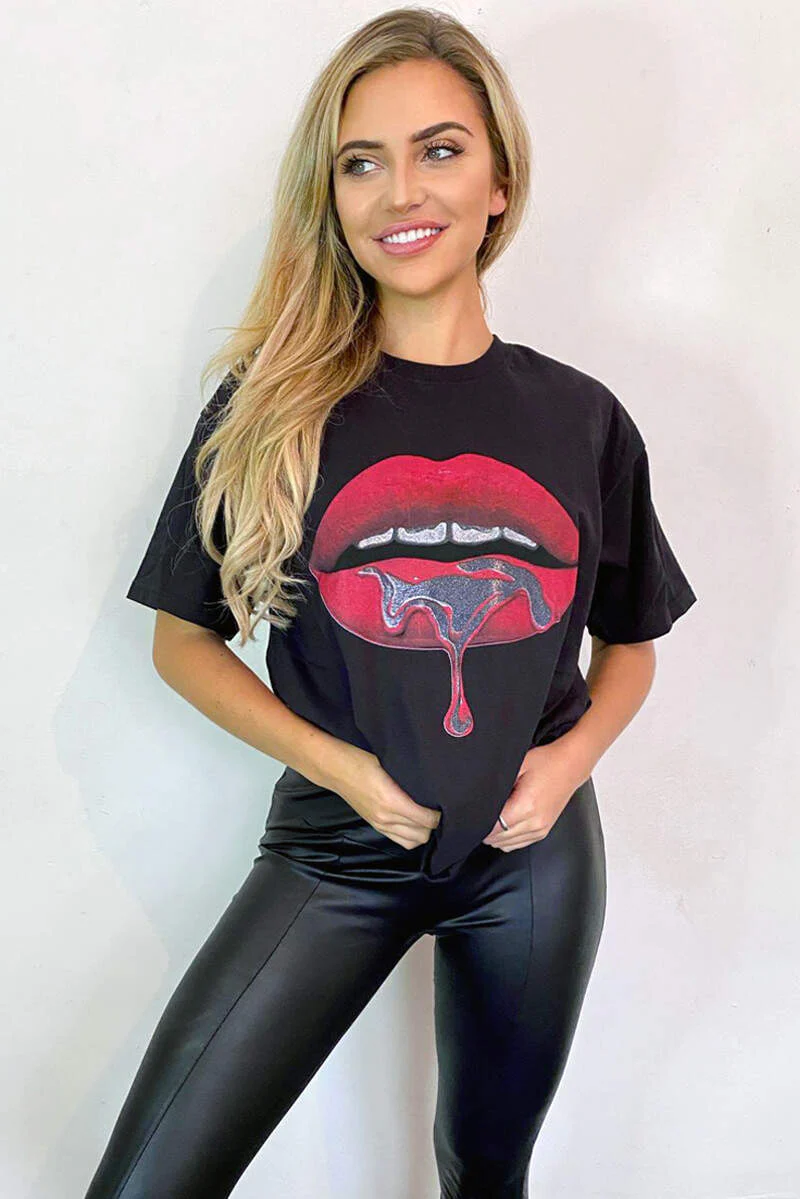 Black Red Lips T-Shirt - Swimclubus