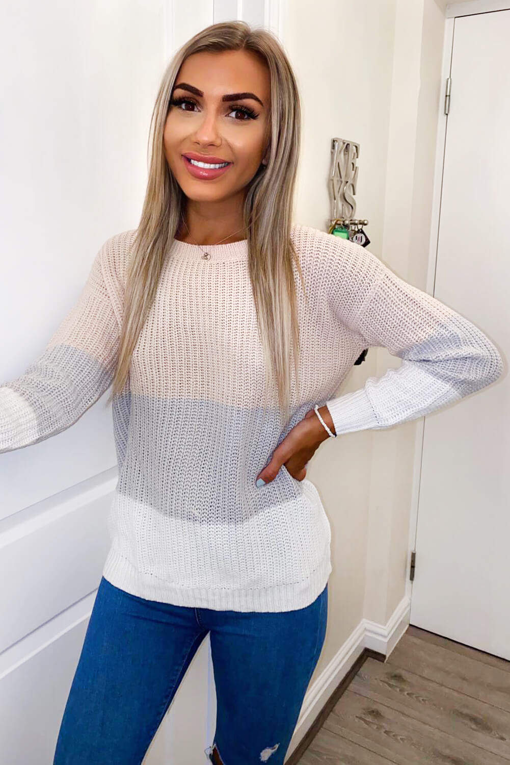 Pink Colour Block Knitted Jumper - Swimclubus