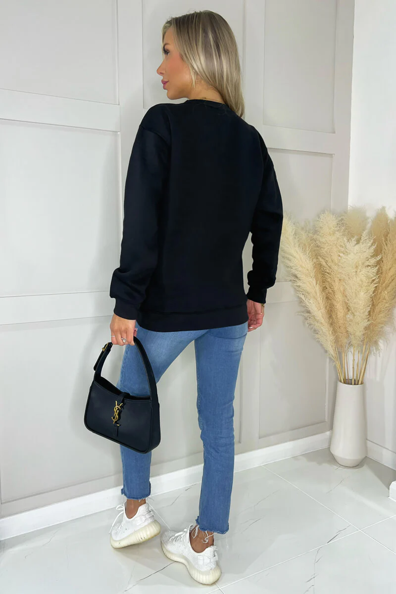 Black Paris Slogan Crew Neck Sweatshirt - Swimclubus