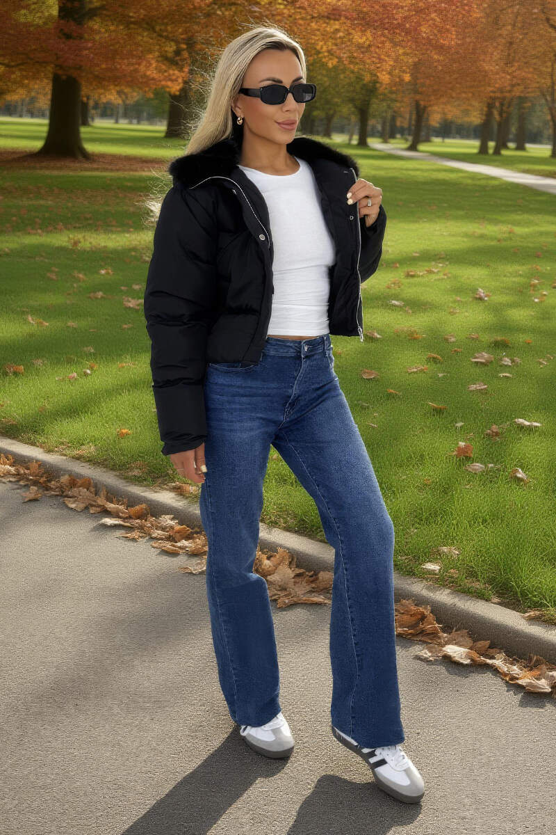 Black Split Hood Short Puffer Coat - Swimclubus