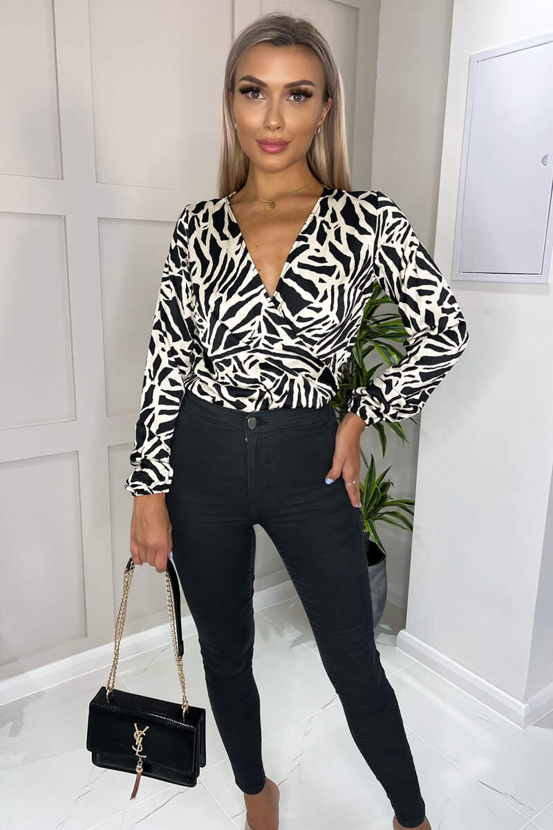 Black And Stone Animal Print Long Sleeve Wrap Over Bodysuit - Swimclubus