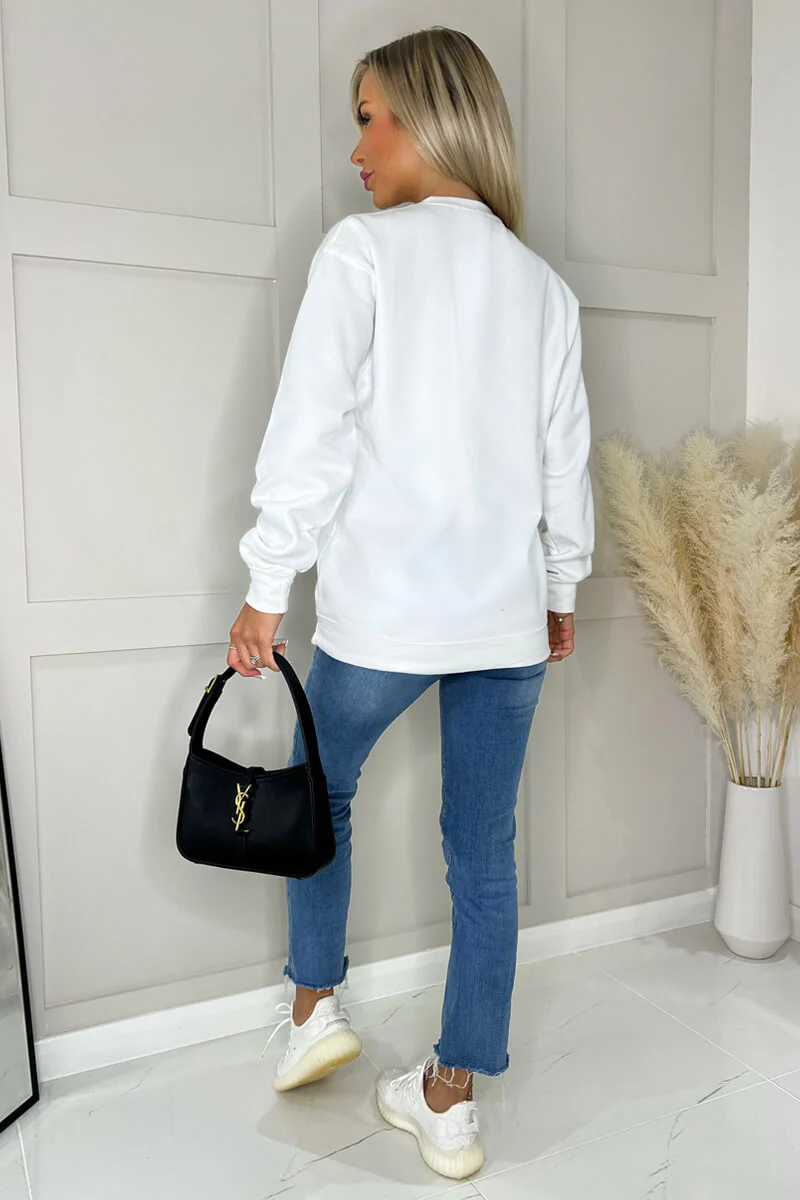 White Paris Slogan Crew Neck Sweatshirt - Swimclubus