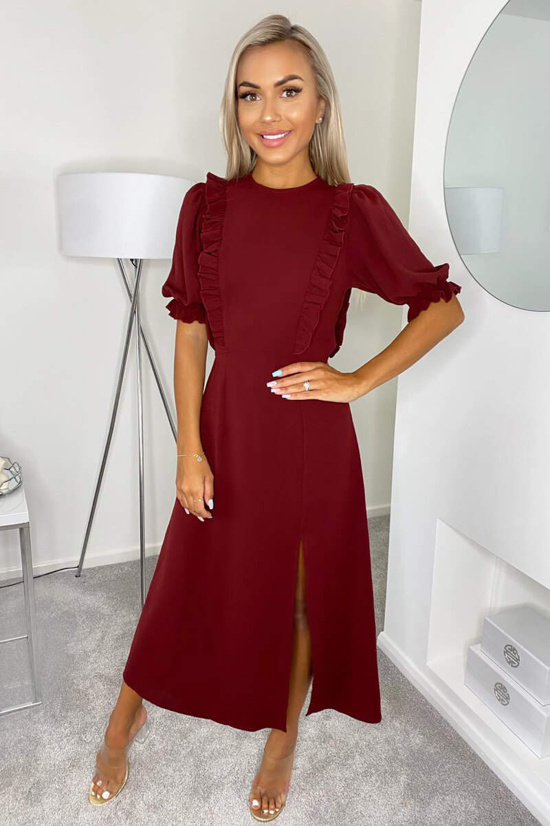 Wine Ruffle Split Leg Midi Dress - Swimclubus