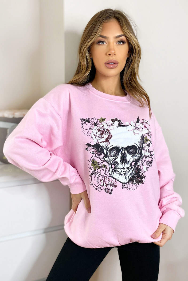 Pink Skull Print Sweatshirt - Swimclubus