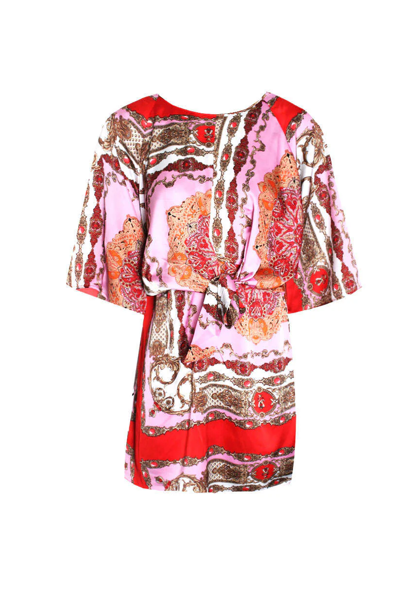Red Patterned Silk Tie Front Shift Dress - Swimclubus