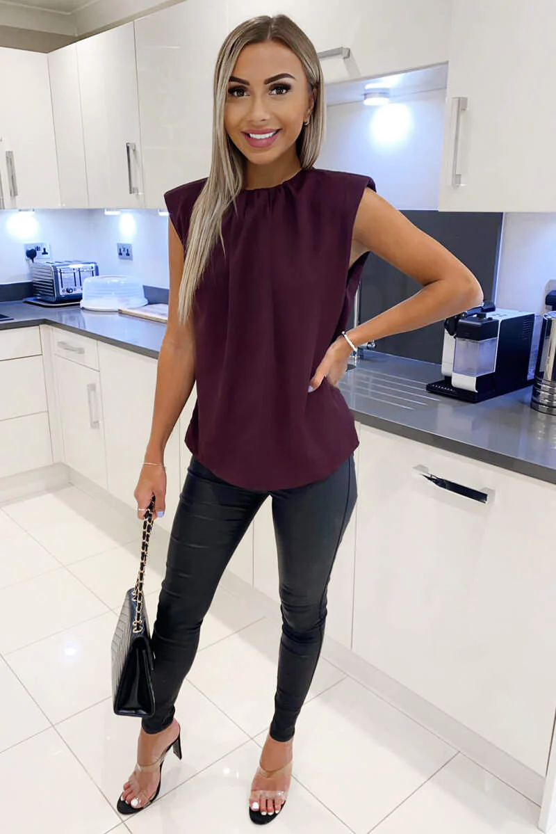 Plum Padded Shoulder Sleeveless Blouse - Swimclubus