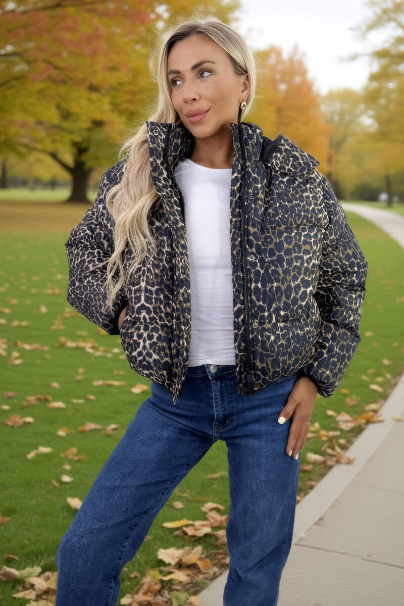 Leopard Print Hooded Short Puffer Coat - Swimclubus