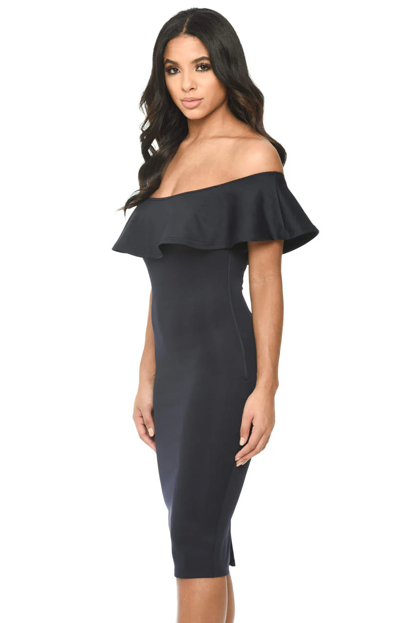 Navy Bardot Bodycon Dress With Ruffle Detail - Swimclubus
