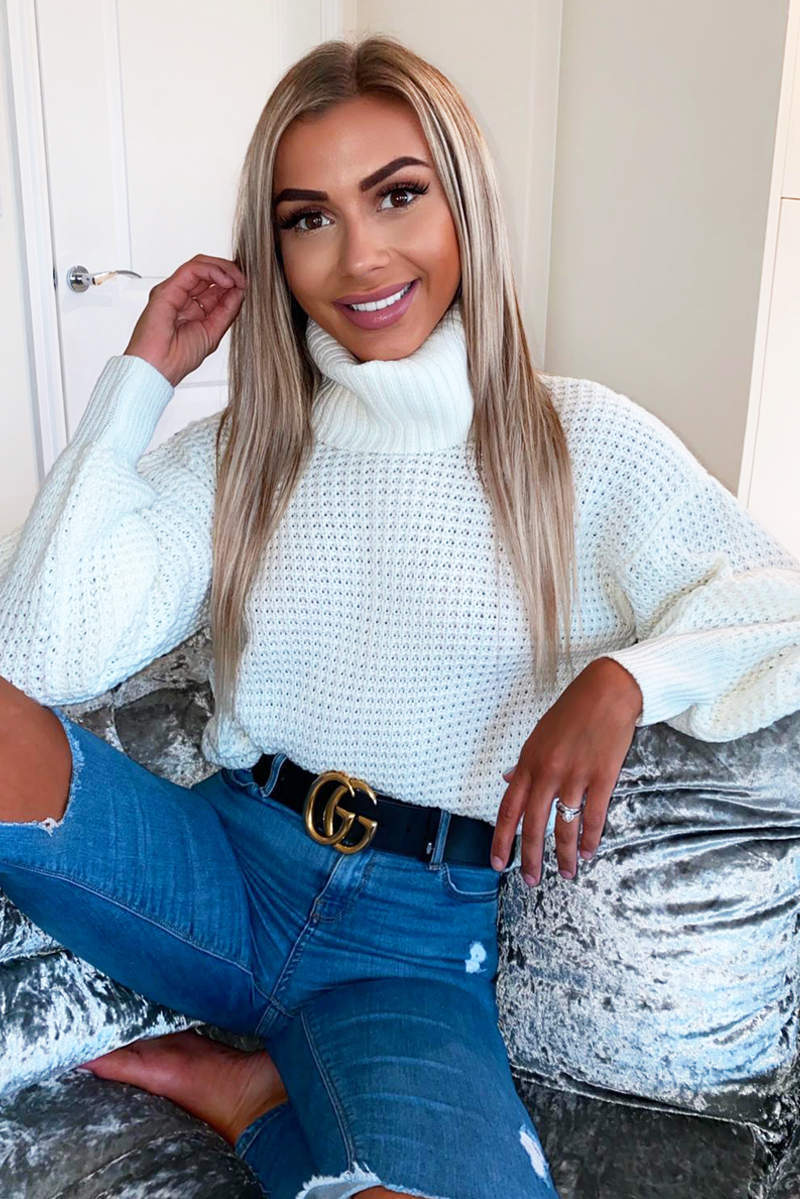 Cream Waffle Stitch Roll Neck Jumper - Swimclubus