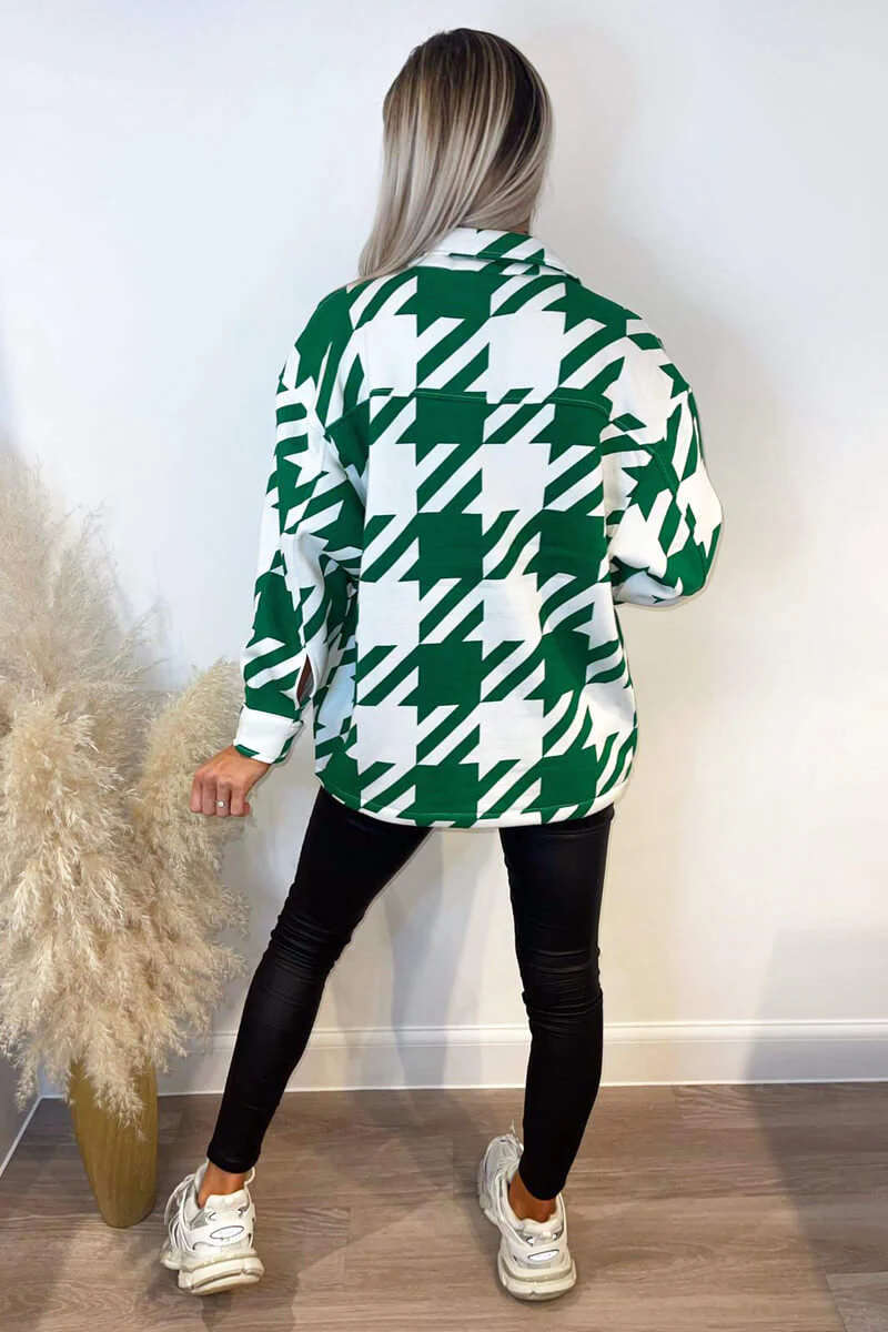 Jade Green Large Dogtooth Print Shirt Jacket - Swimclubus