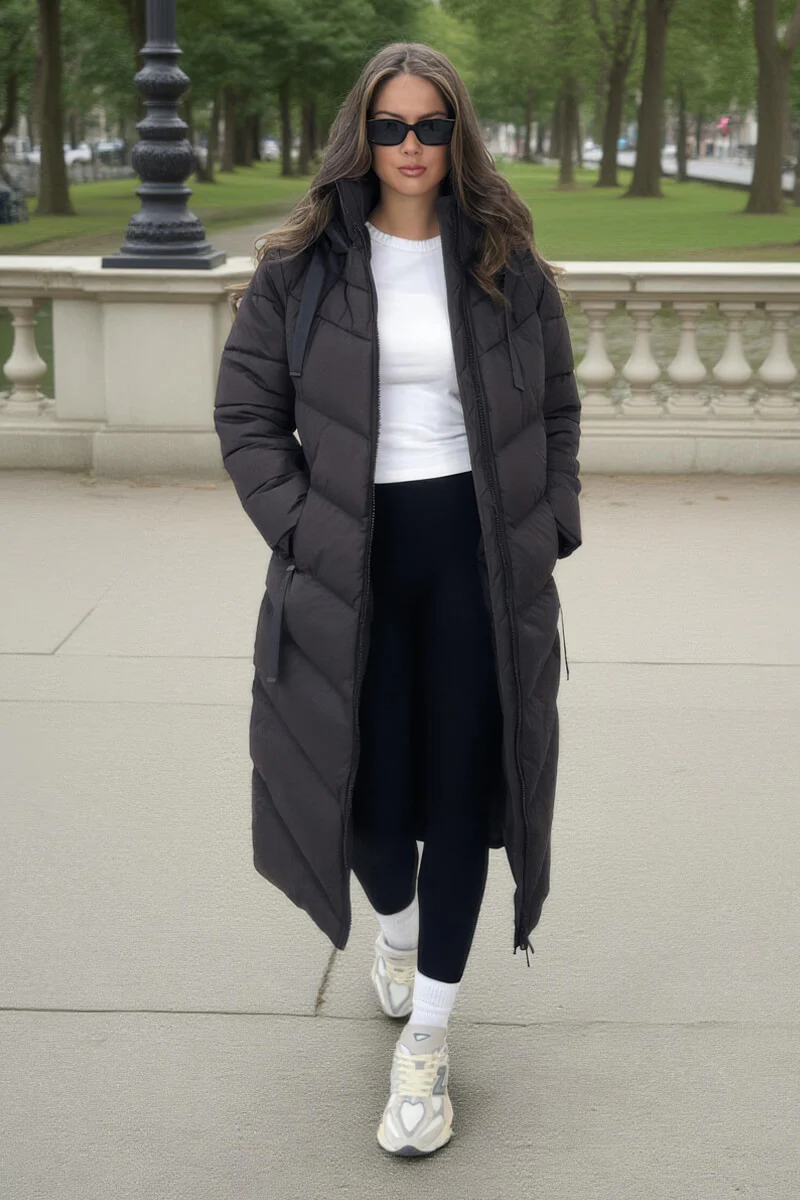 Chocolate Hooded Puffer Coat with Zip Front Pockets - Swimclubus