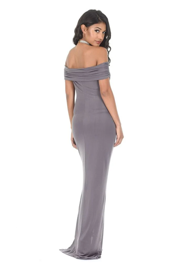 Pewter Off The Shoulder Slinky Maxi Dress - Swimclubus