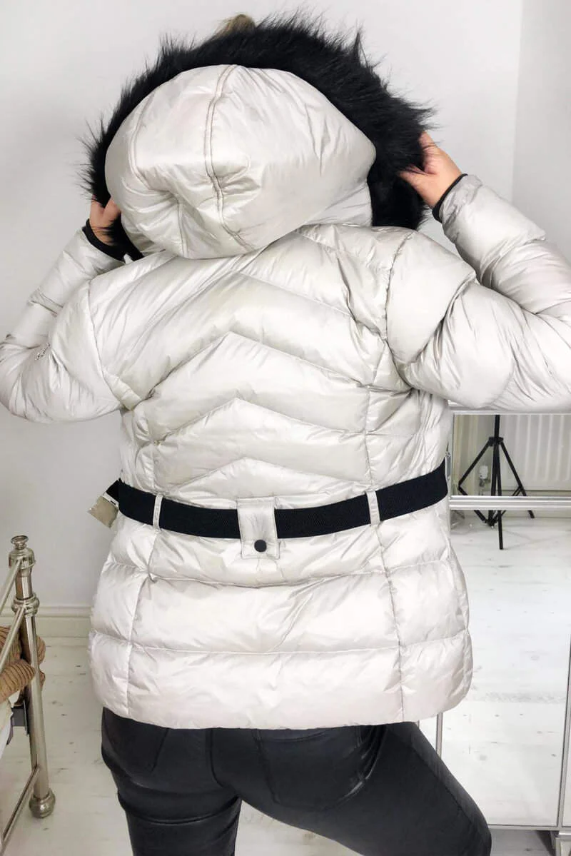 Cream Padded Belted Puffer Jacket - Swimclubus