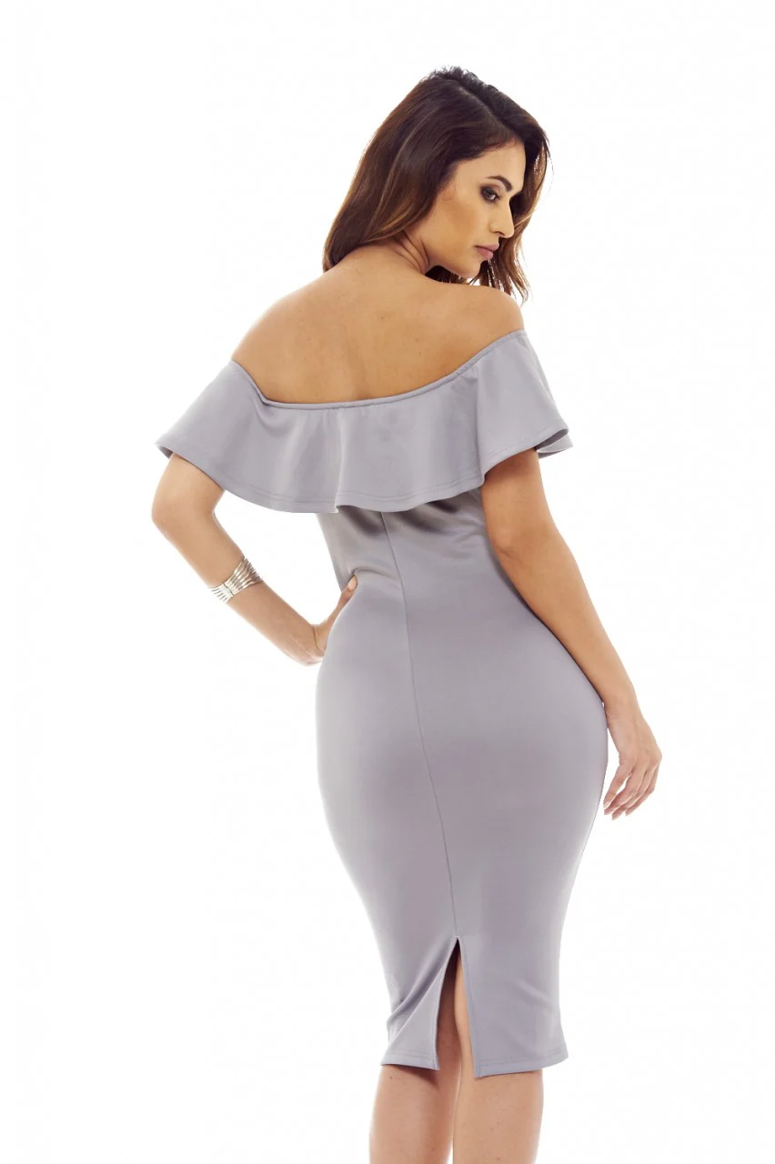 Grey Midi Dress with Off-The-Shoulder Frill Detail - Swimclubus