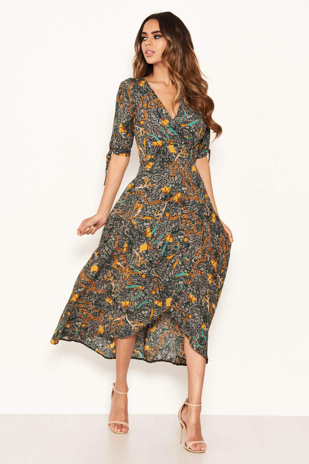 Green Printed Wrap Midi Dress With Tie Sleeves - Swimclubus