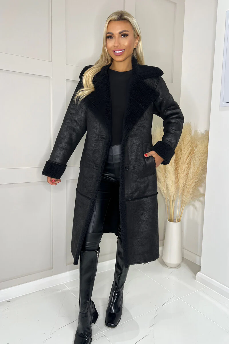 Black Longline Faux Shearling Coat - Swimclubus