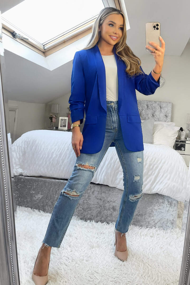 Blue Ruched Sleeve Blazer - Swimclubus