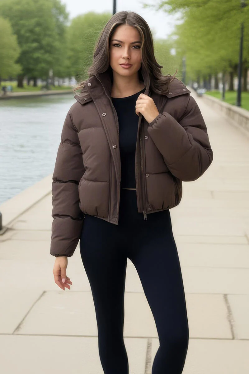 Chocolate Hooded Short Puffer Coat - Swimclubus