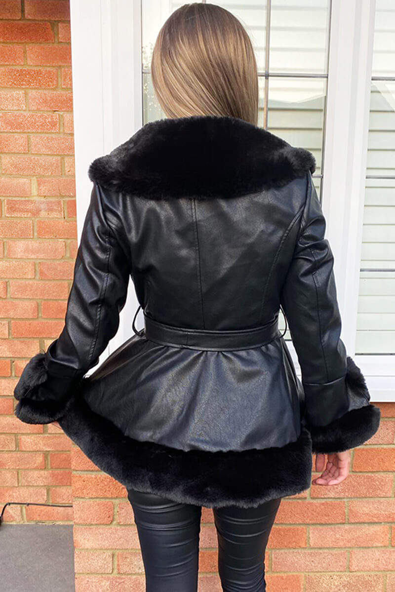 Black Faux Fur Leather Jacket - Swimclubus