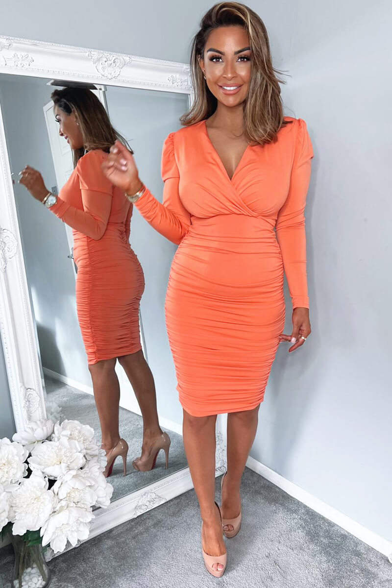 Peach Ruched Long Sleeve Cross Front Midi Dress - Swimclubus