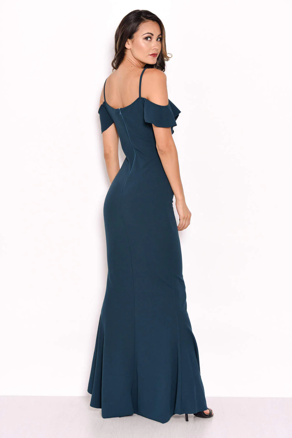 Teal Cold Shoulder Frill Detail Split Dress - Swimclubus