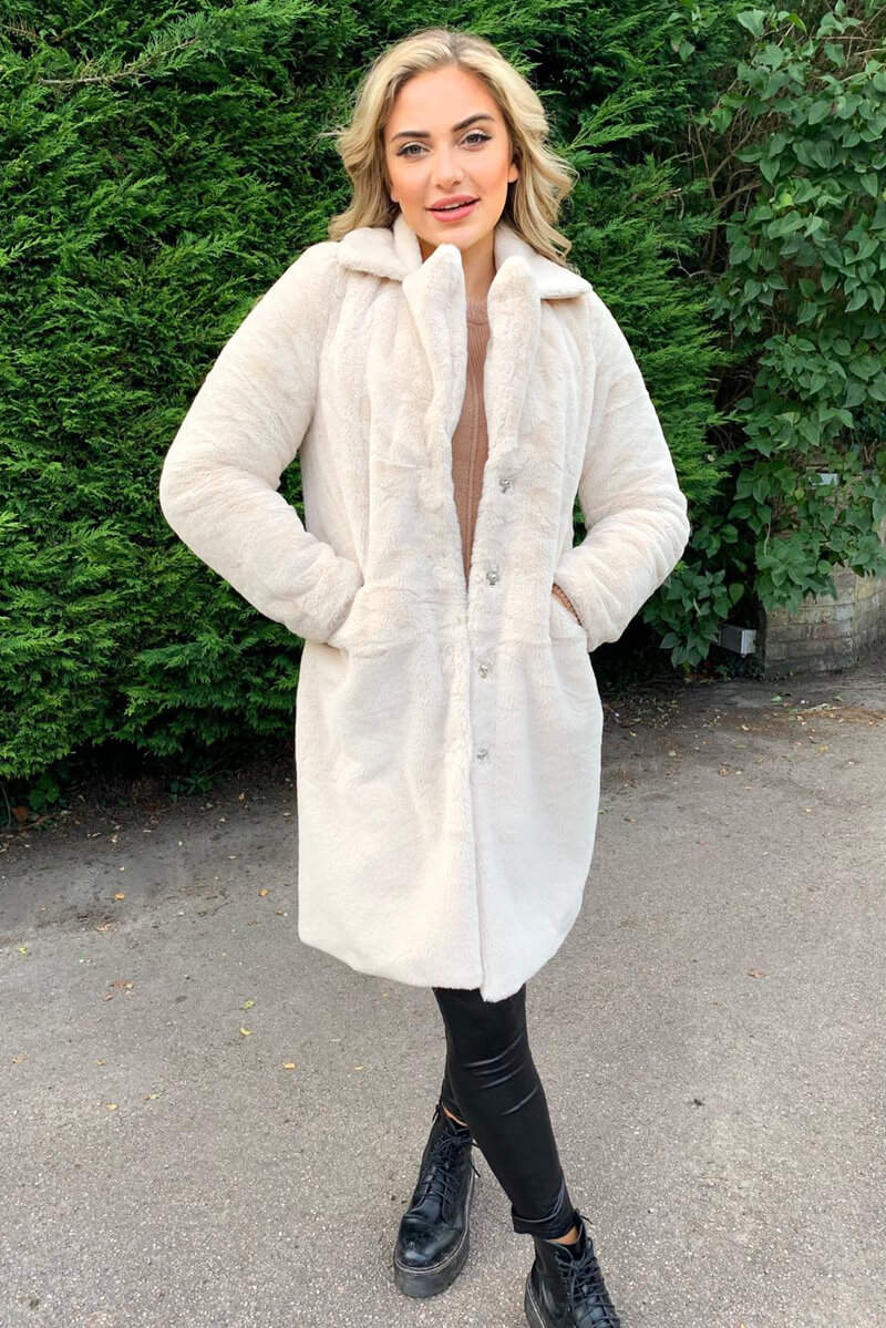 Cream Long Faux Fur Coat - Swimclubus
