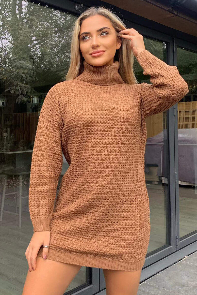 Tan Roll Neck Knitted Jumper Dress - Swimclubus