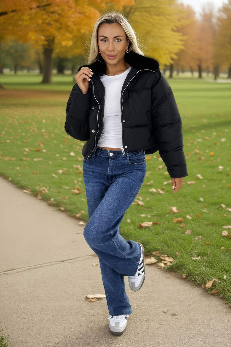 Black Split Hood Short Puffer Coat - Swimclubus